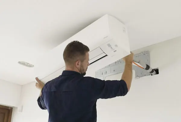 ATKINSONS engineer hanging an air conditioning indoor unit on its mounting bracket