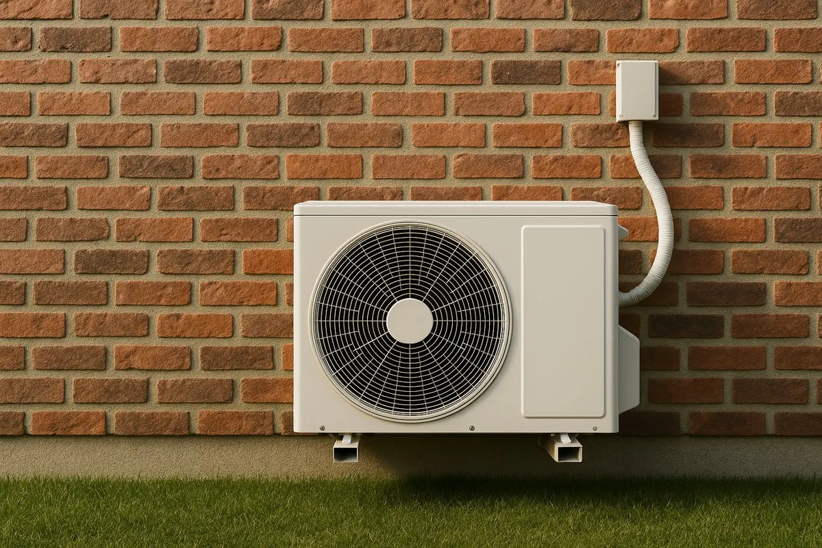 Air conditioning outdoor unit installed on a brick wall by ATKINSONS