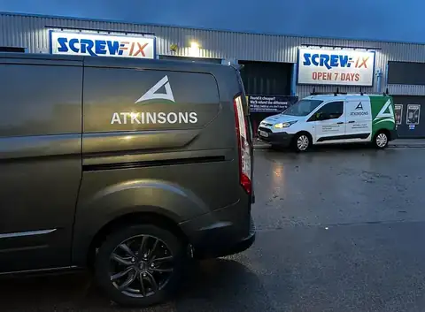 ATKINSONS vans at Screwfix before the day starts